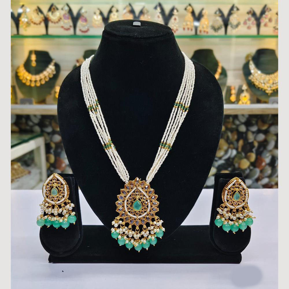 Rajwadi Collection Gold Plated Crystal Stone Pearl And Beads Long Necklace Set
