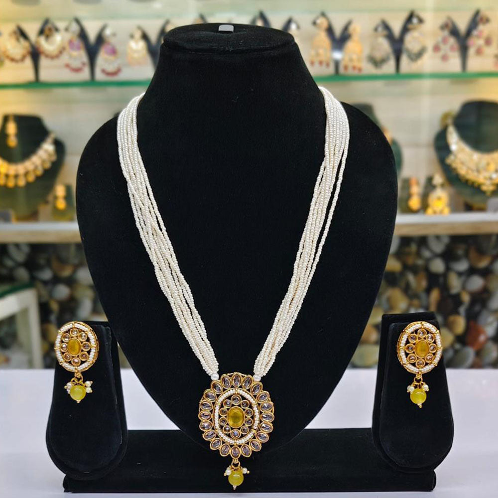 Rajwadi Collection Gold Plated Crystal Stone Pearl And Beads Long Necklace Set