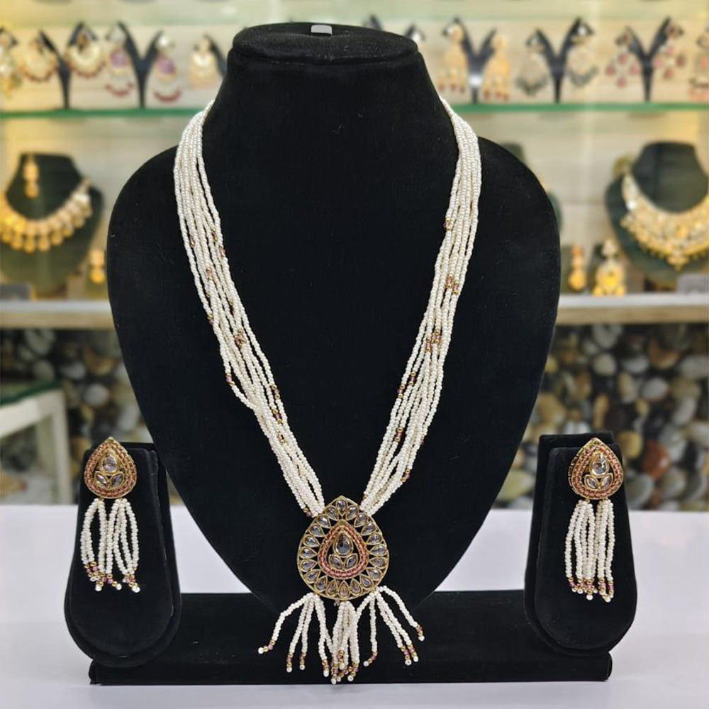 Rajwadi Collection Gold Plated Crystal Stone And Pearl Long Necklace Set