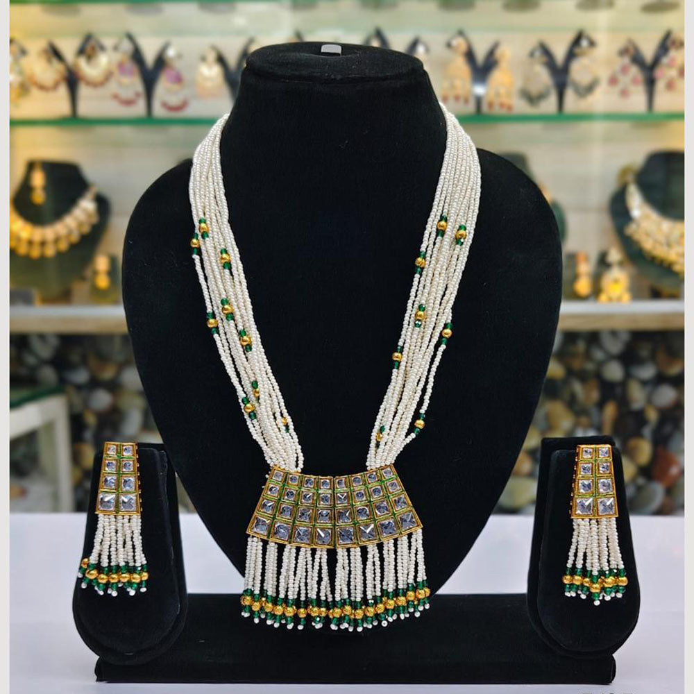 Rajwadi Collection Gold Plated Crystal Stone Pearl And Beads Long Necklace Set