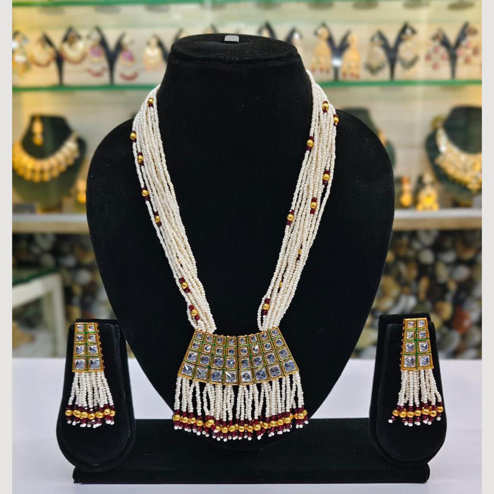 Rajwadi Collection Gold Plated Crystal Stone Pearl And Beads Long Necklace Set