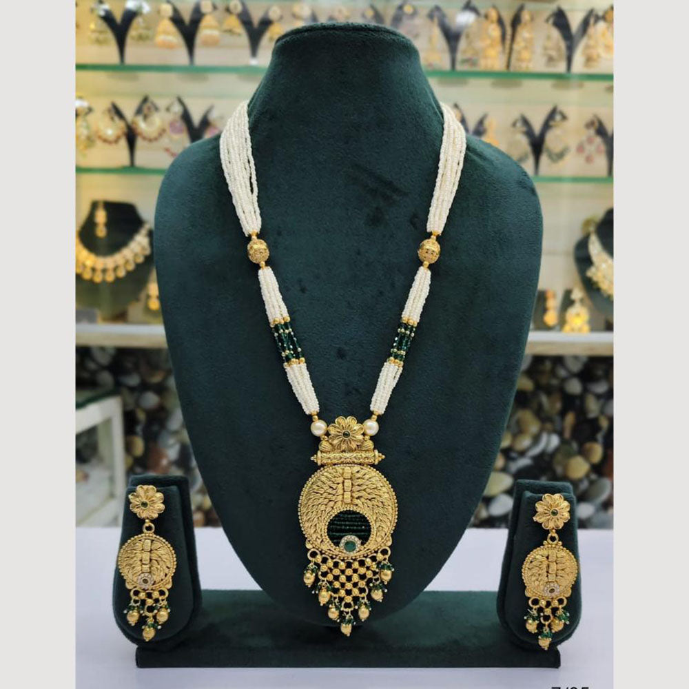 Rajwadi Collection Gold Plated Pota Stone And Pearl Long Necklace Set
