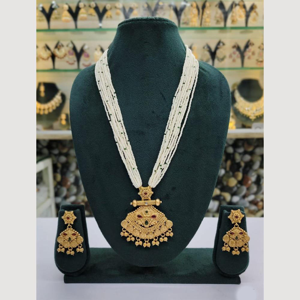 Rajwadi Collection Gold Plated Pota Stone And Pearl Long Necklace Set