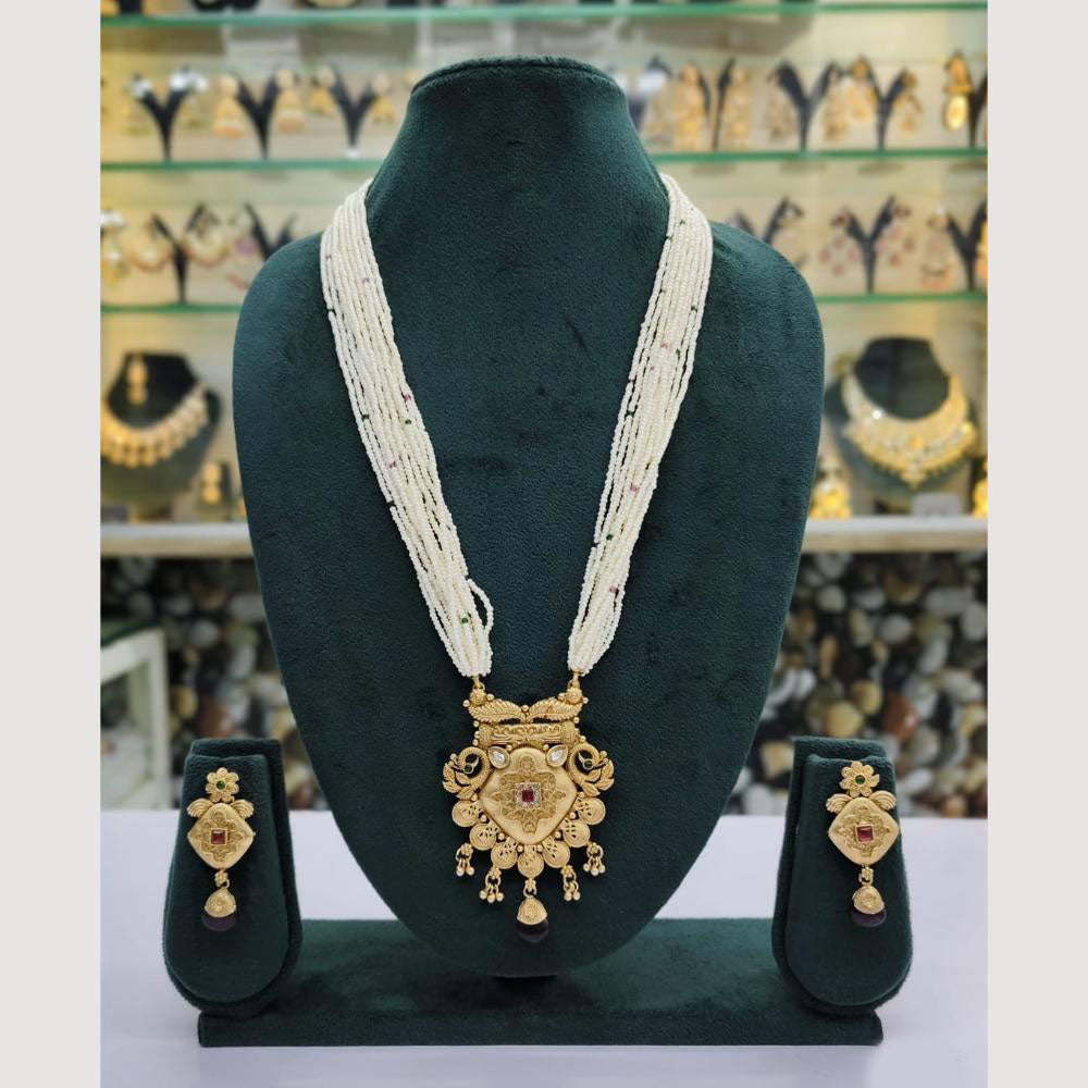 Rajwadi Collection Gold Plated Pota Stone And Pearl Long Necklace Set