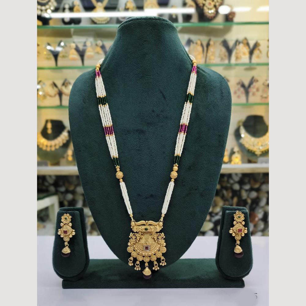 Rajwadi Collection Gold Plated Pota Stone And Pearl Long Necklace Set