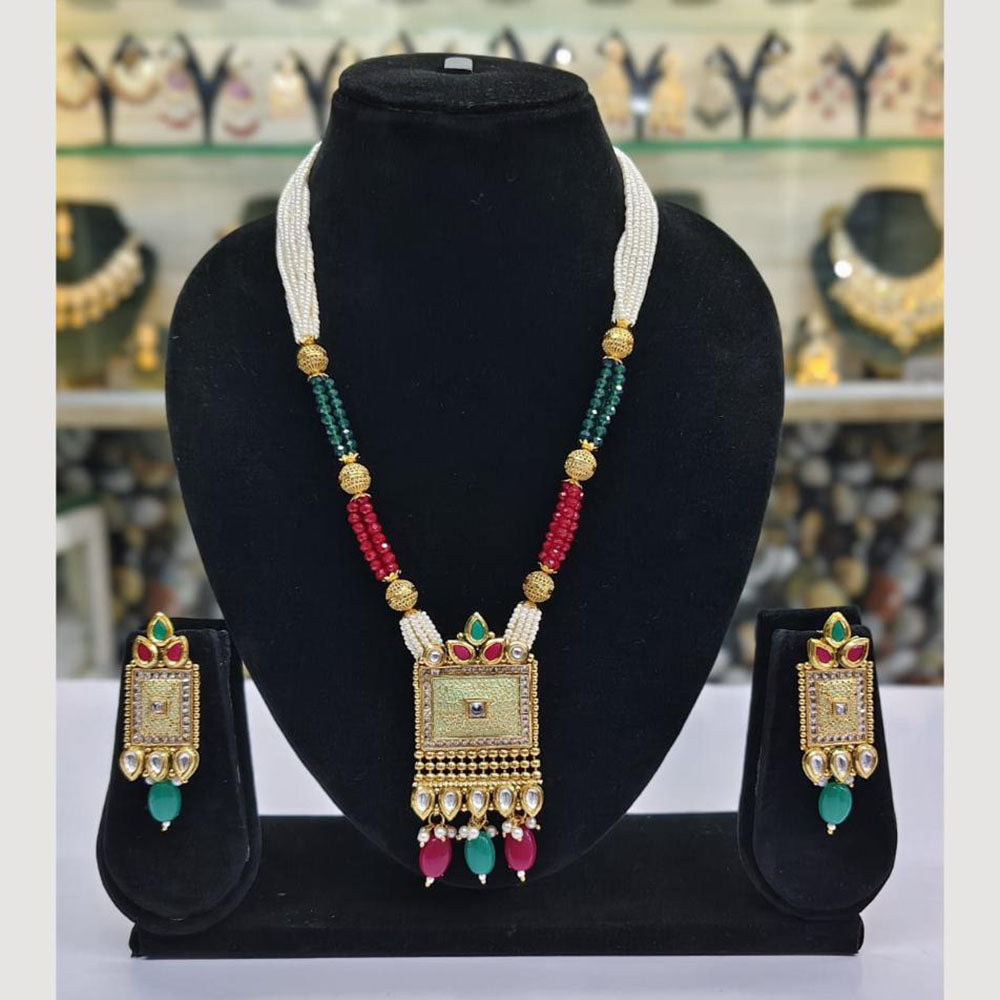 Rajwadi Collection Gold Plated Pota Stone And Meenakari Long Necklace Set