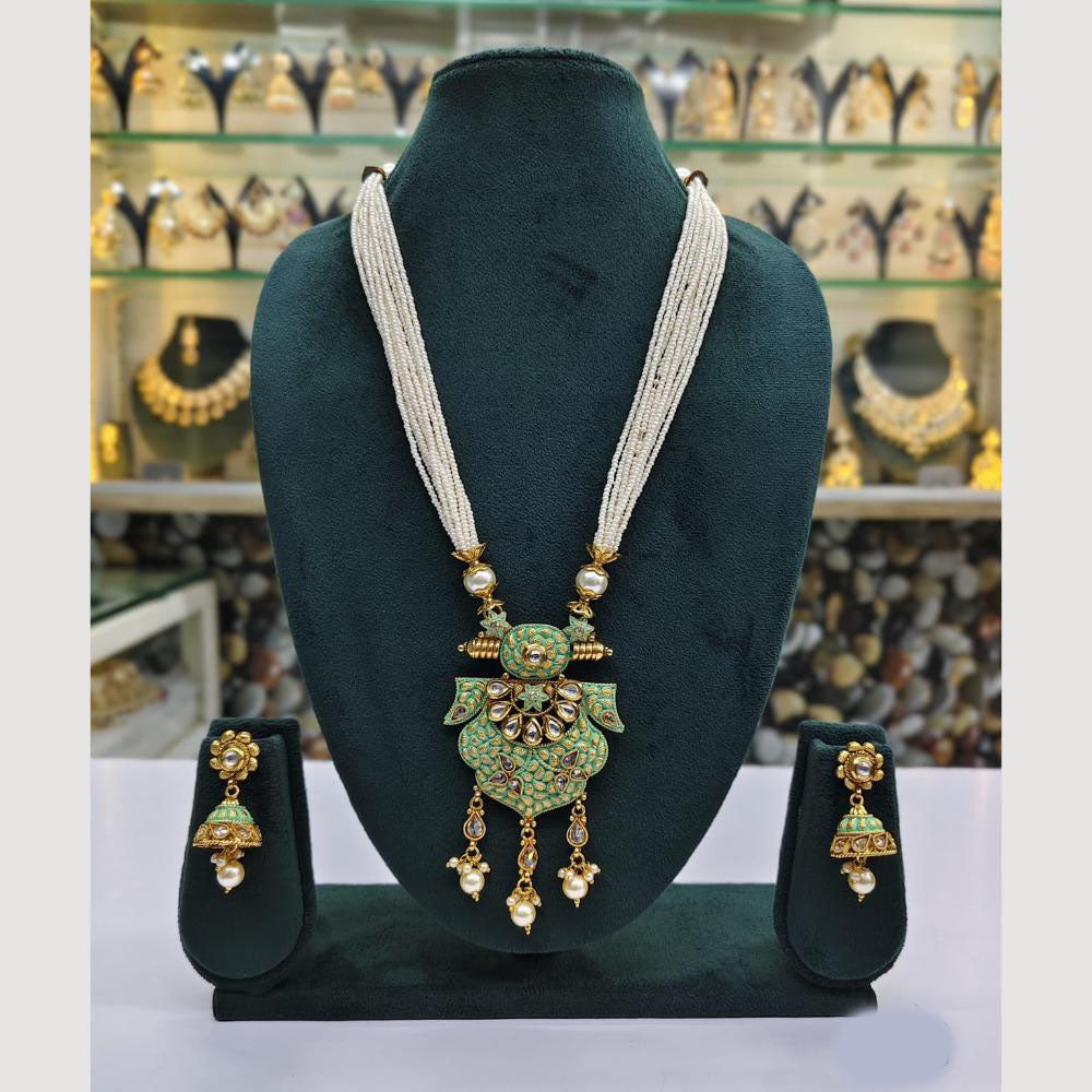 Rajwadi Collection Gold Plated Kundan And Pearl Meenakari Long Necklace Set
