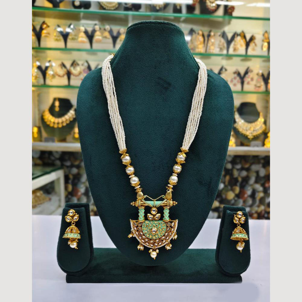 Rajwadi Collection Gold Plated Kundan And Pearl Meenakari Long Necklace Set
