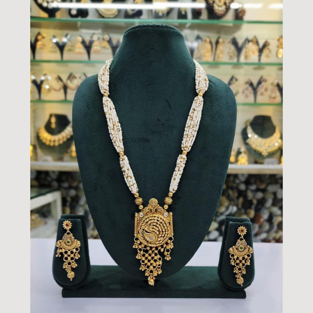 Rajwadi Collection Gold Plated Pota Stone And Pearl Long Necklace Set