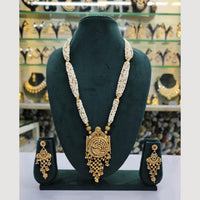 Rajwadi Collection Gold Plated Pota Stone And Pearl Long Necklace Set