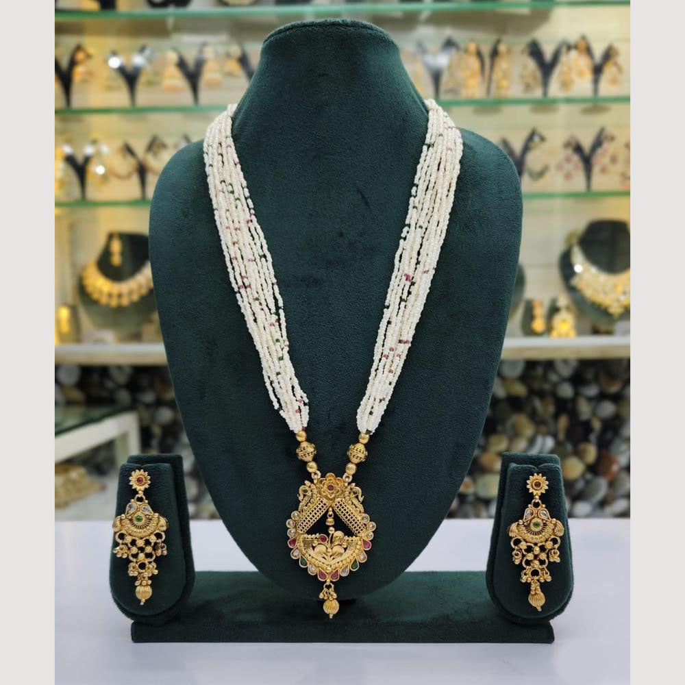 Rajwadi Collection Gold Plated Pota Stone And Pearl Long Necklace Set