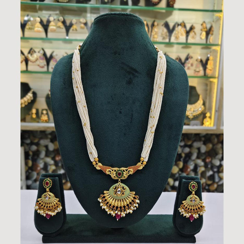 Rajwadi Collection Gold Plated Pota Stone And Meenakari Long Necklace Set