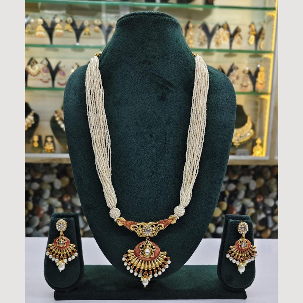 Rajwadi Collection Gold Plated Pota Stone And Meenakari Long Necklace Set