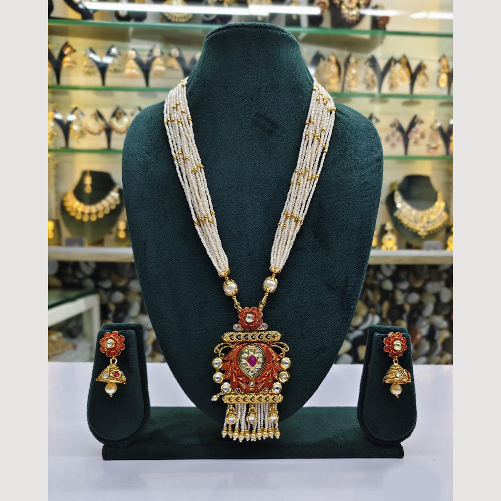 Rajwadi Collection Gold Plated Pota Stone And Pearl Long Necklace Set