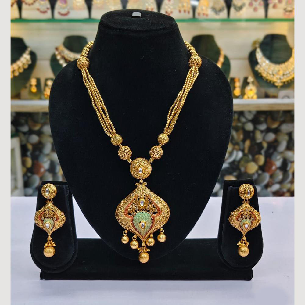 Rajwadi Collection Gold Plated Kundan Meenakari Long Necklace Set