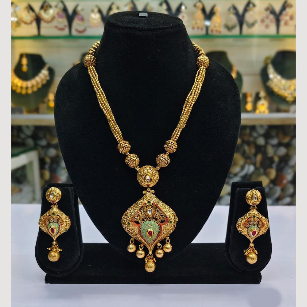 Rajwadi Collection Gold Plated Kundan Meenakari Long Necklace Set