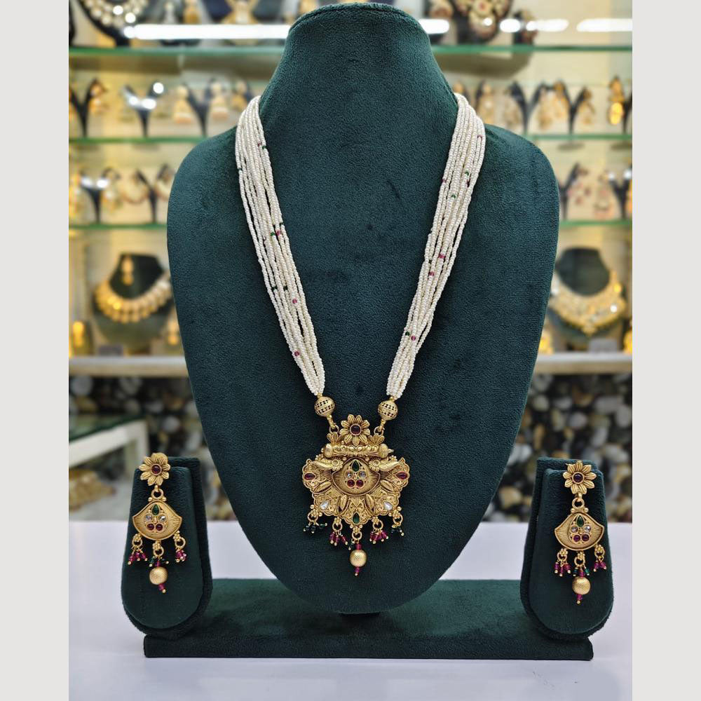 Rajwadi Collection Gold Plated Pota Stone And Pearl Long Necklace Set