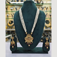 Rajwadi Collection Gold Plated Pota Stone And Pearl Long Necklace Set