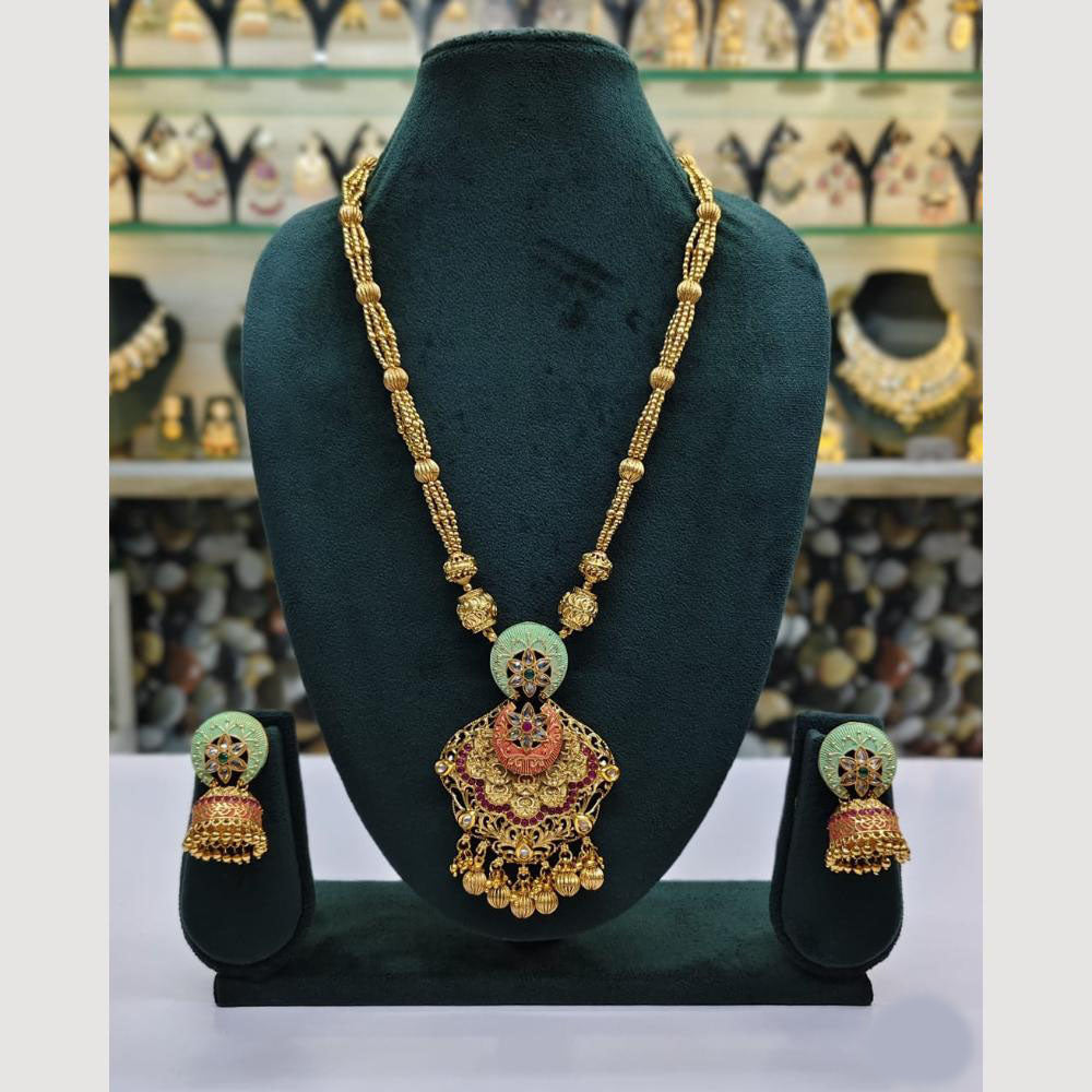 Rajwadi Collection Gold Plated Crystal Stone And Meenakari Long Necklace Set