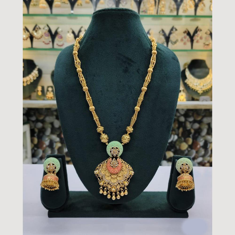 Rajwadi Collection Gold Plated Crystal Stone And Meenakari Long Necklace Set