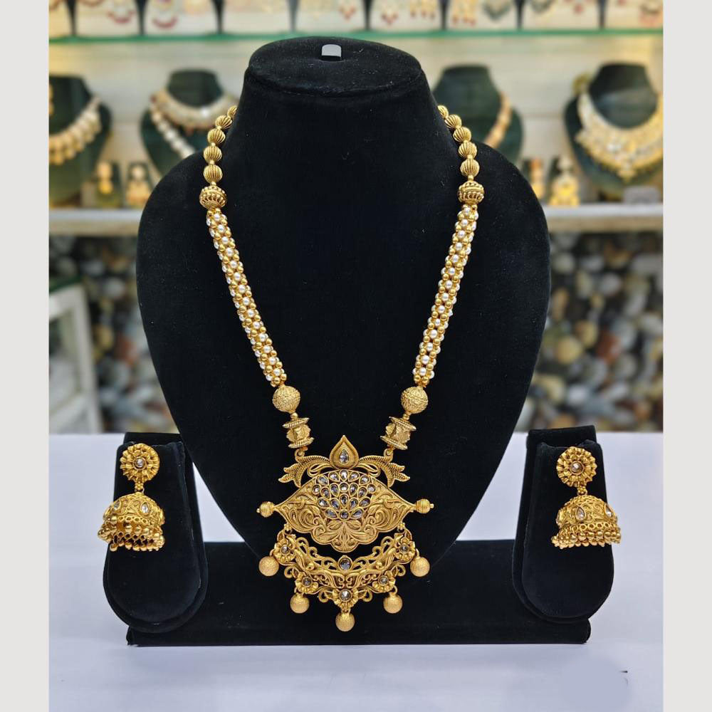 Rajwadi Collection Gold Plated Crystal Stone Pearl And Beads Long Necklace Set