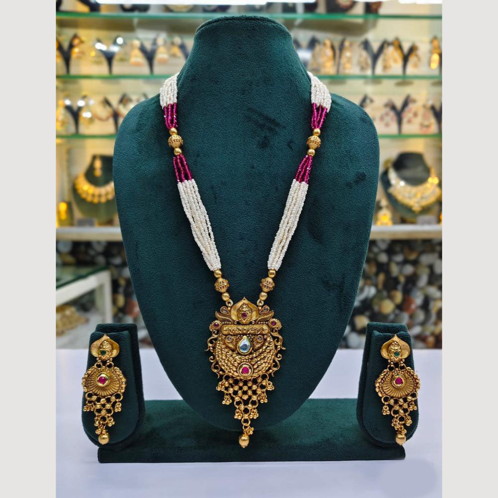 Rajwadi Collection Gold Plated Pota Stone And Pearl Long Necklace Set