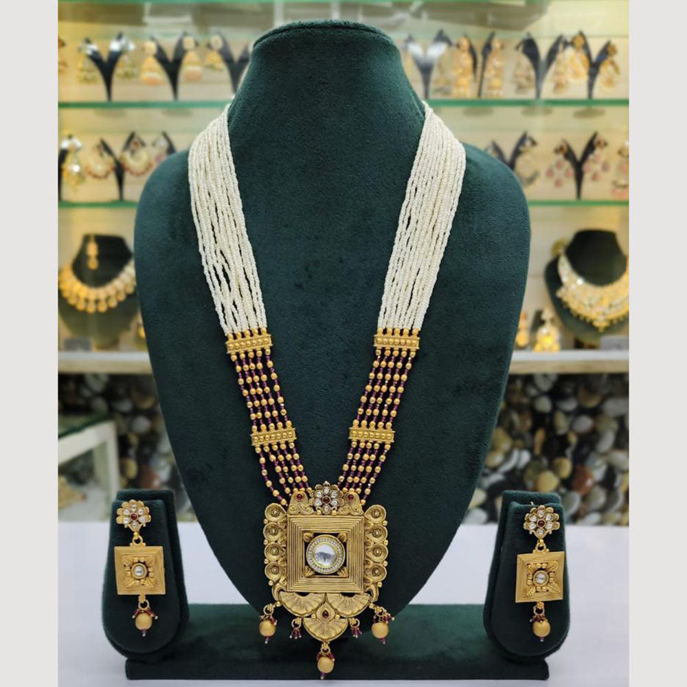 Rajwadi Collection Gold Plated Pota Stone And Pearl Long Necklace Set