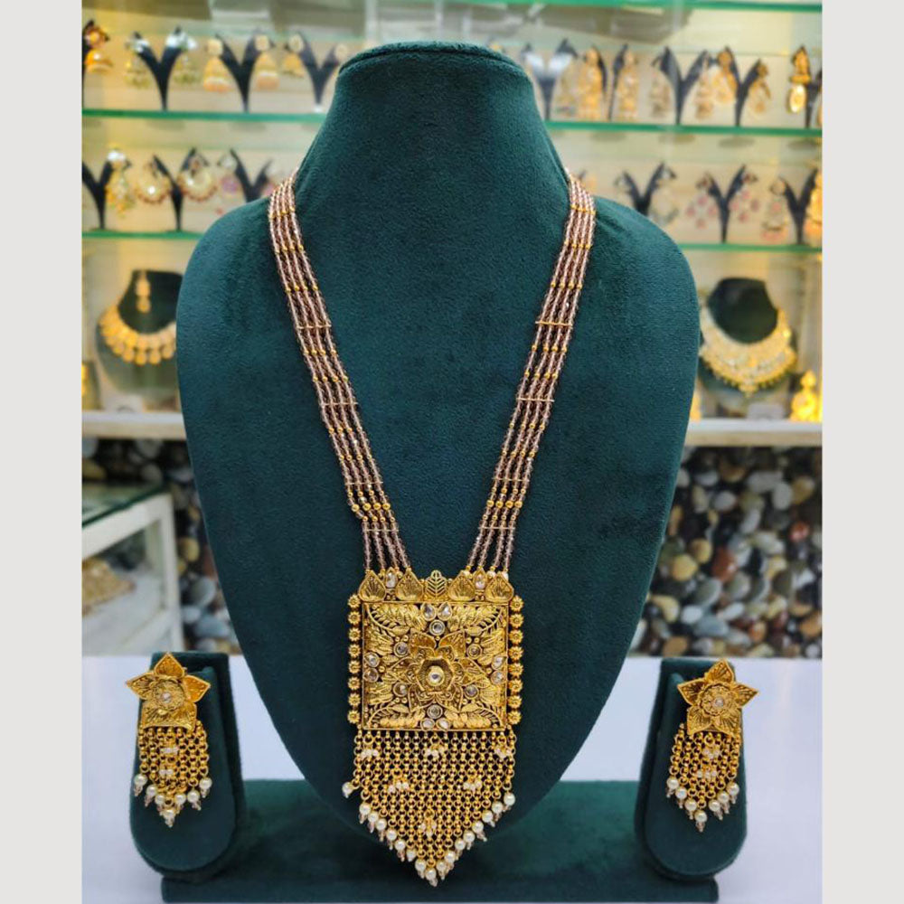 Rajwadi Collection Gold Plated Crystal Stone Pearl And Beads Long Necklace Set