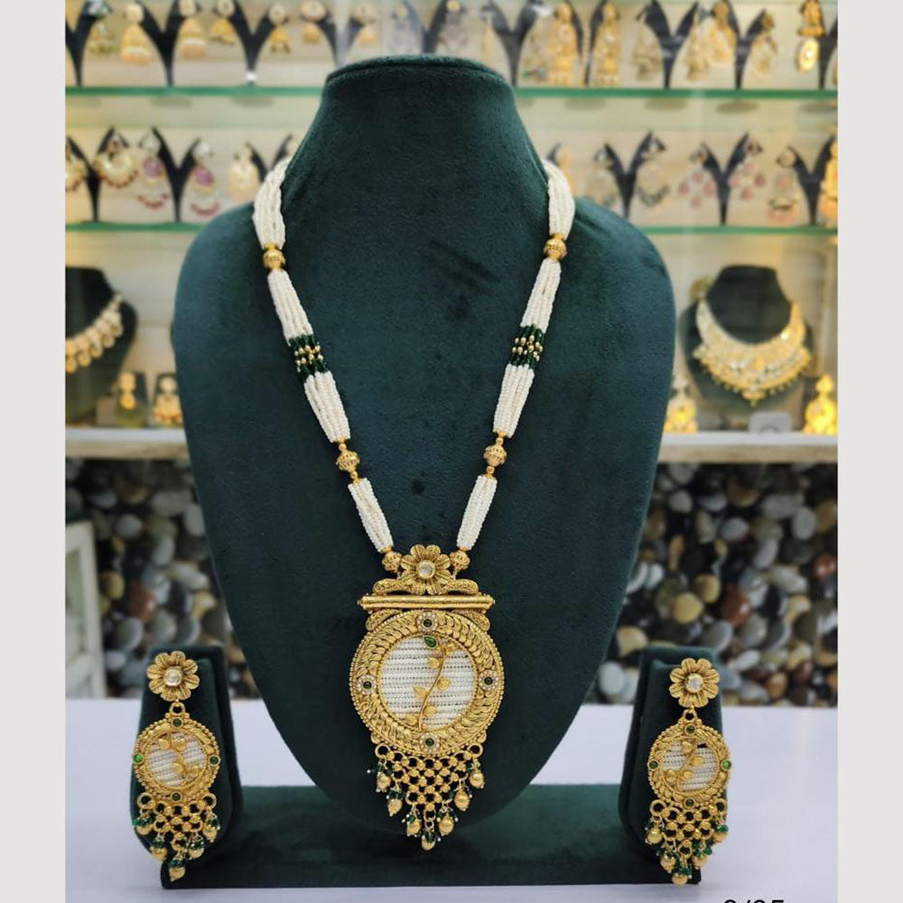 Rajwadi Collection Gold Plated Pota Stone And Pearl Long Necklace Set