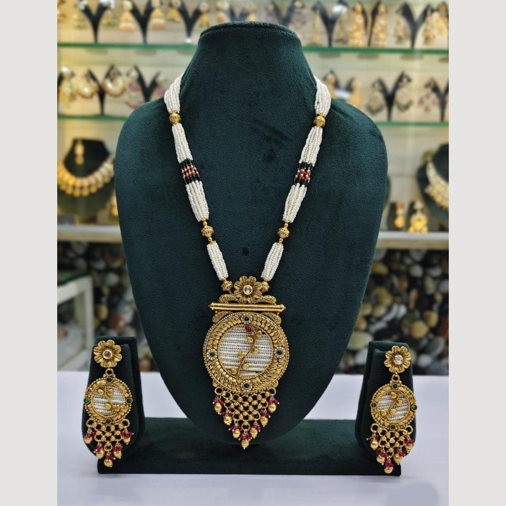 Rajwadi Collection Gold Plated Pota Stone And Pearl Long Necklace Set
