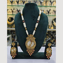 Rajwadi Collection Gold Plated Pota Stone And Pearl Long Necklace Set