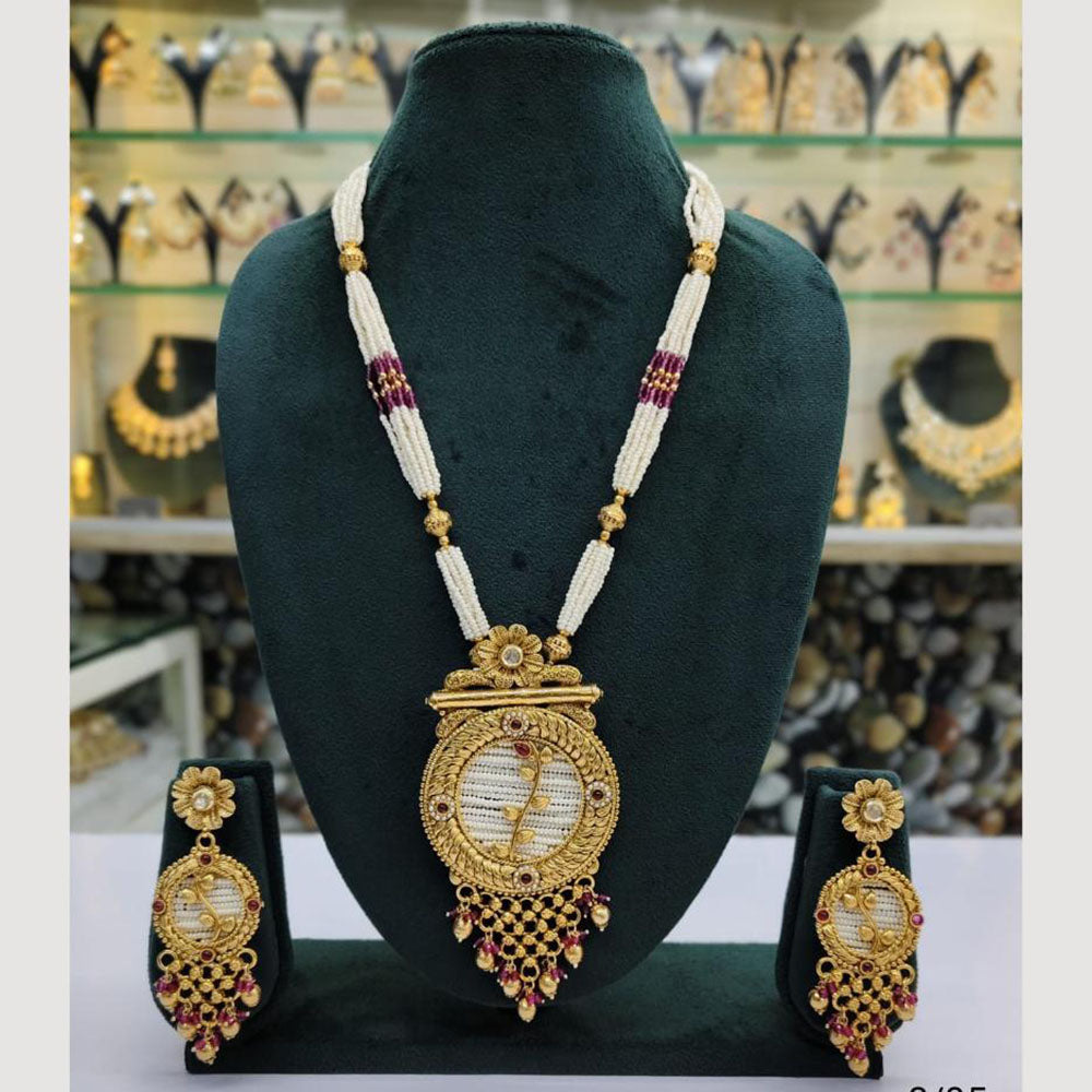 Rajwadi Collection Gold Plated Pota Stone And Pearl Long Necklace Set