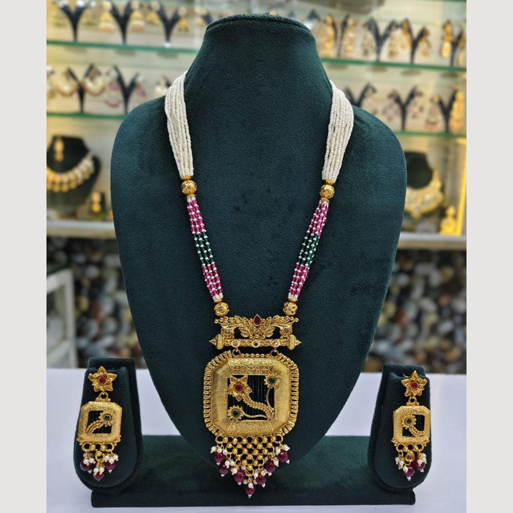 Rajwadi Collection Gold Plated Pota Stone And Pearl Long Necklace Set