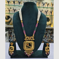 Rajwadi Collection Gold Plated Pota Stone And Pearl Long Necklace Set