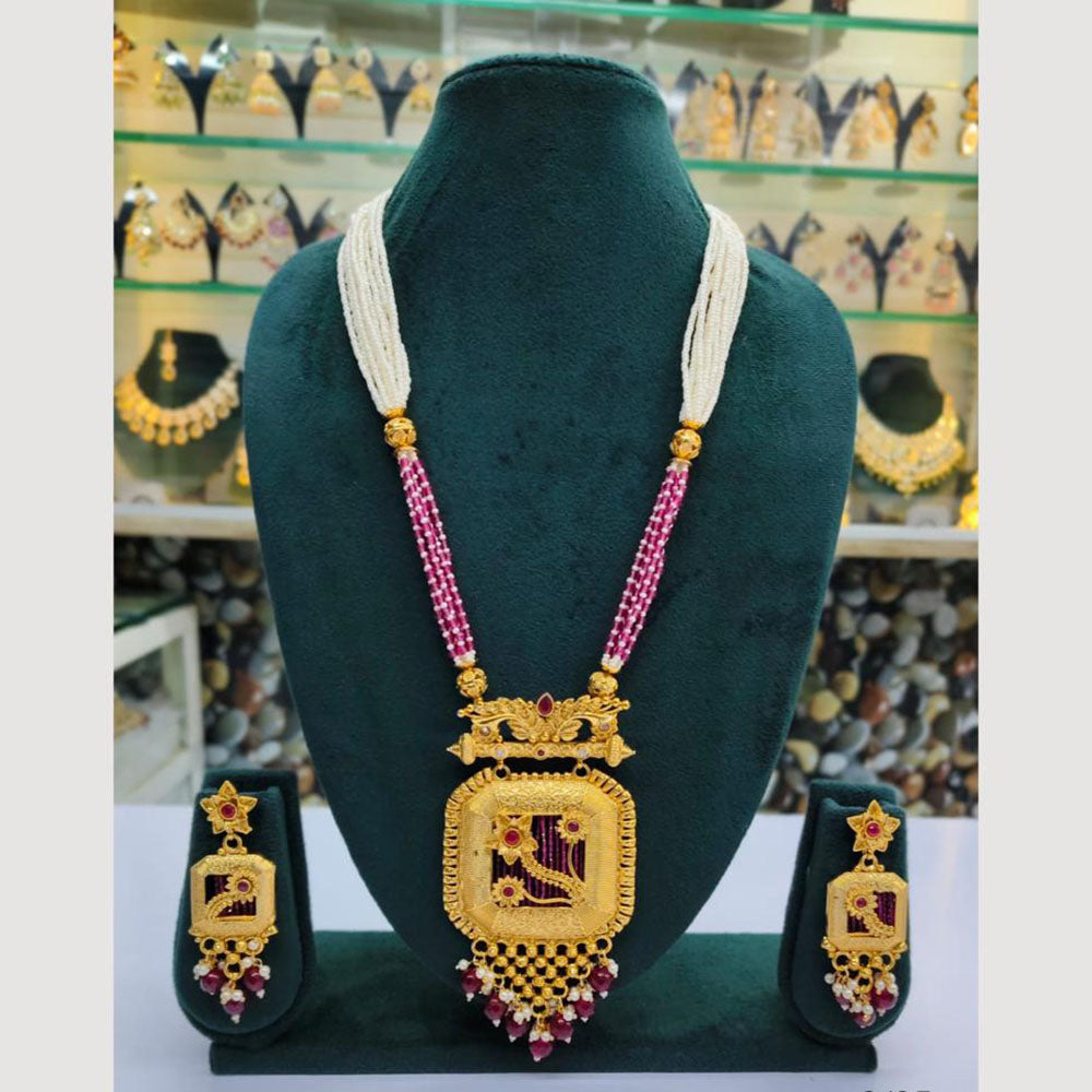 Rajwadi Collection Gold Plated Pota Stone And Pearl Long Necklace Set