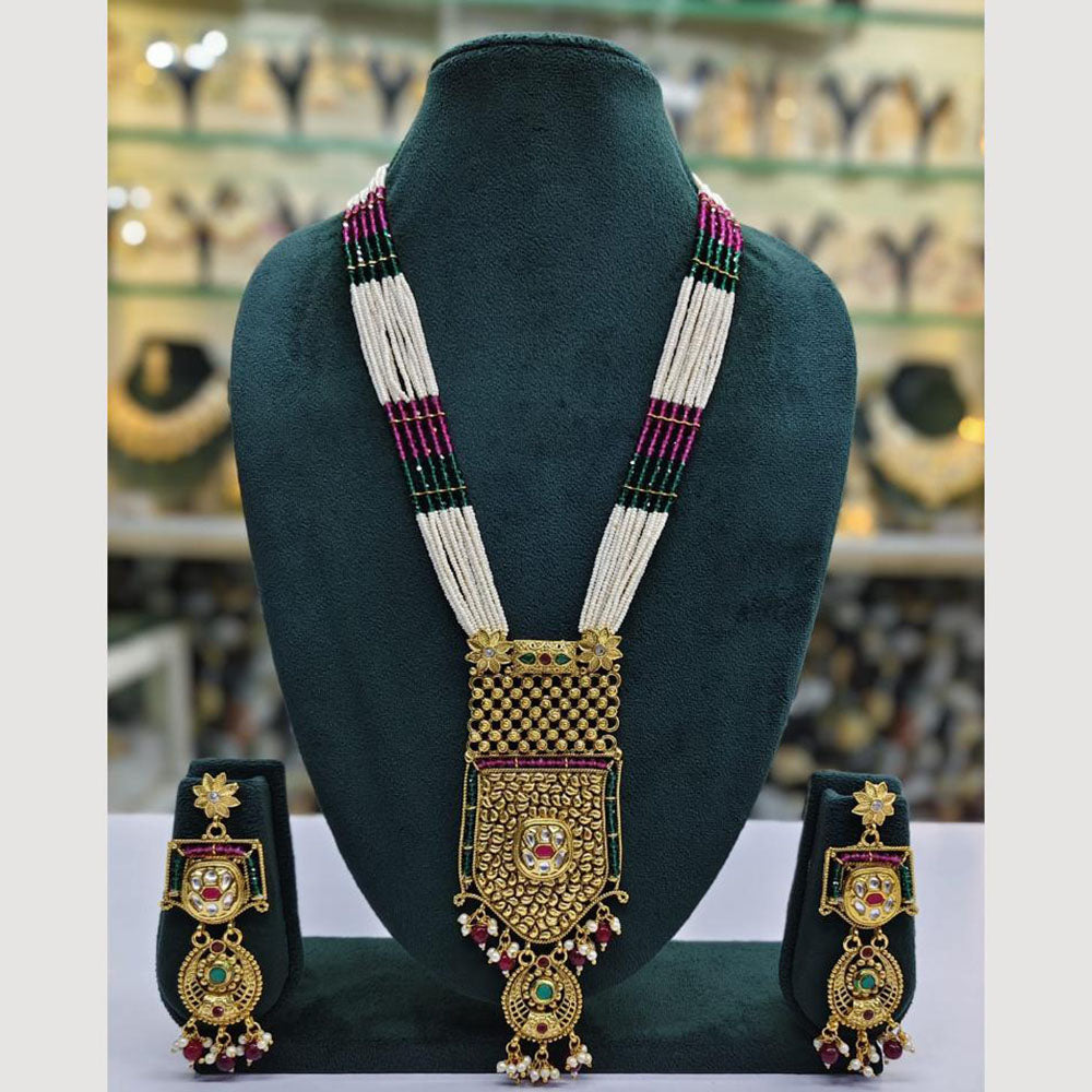 Rajwadi Collection Gold Plated Pota Stone And Pearl Long Necklace Set