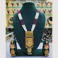 Rajwadi Collection Gold Plated Pota Stone And Pearl Long Necklace Set