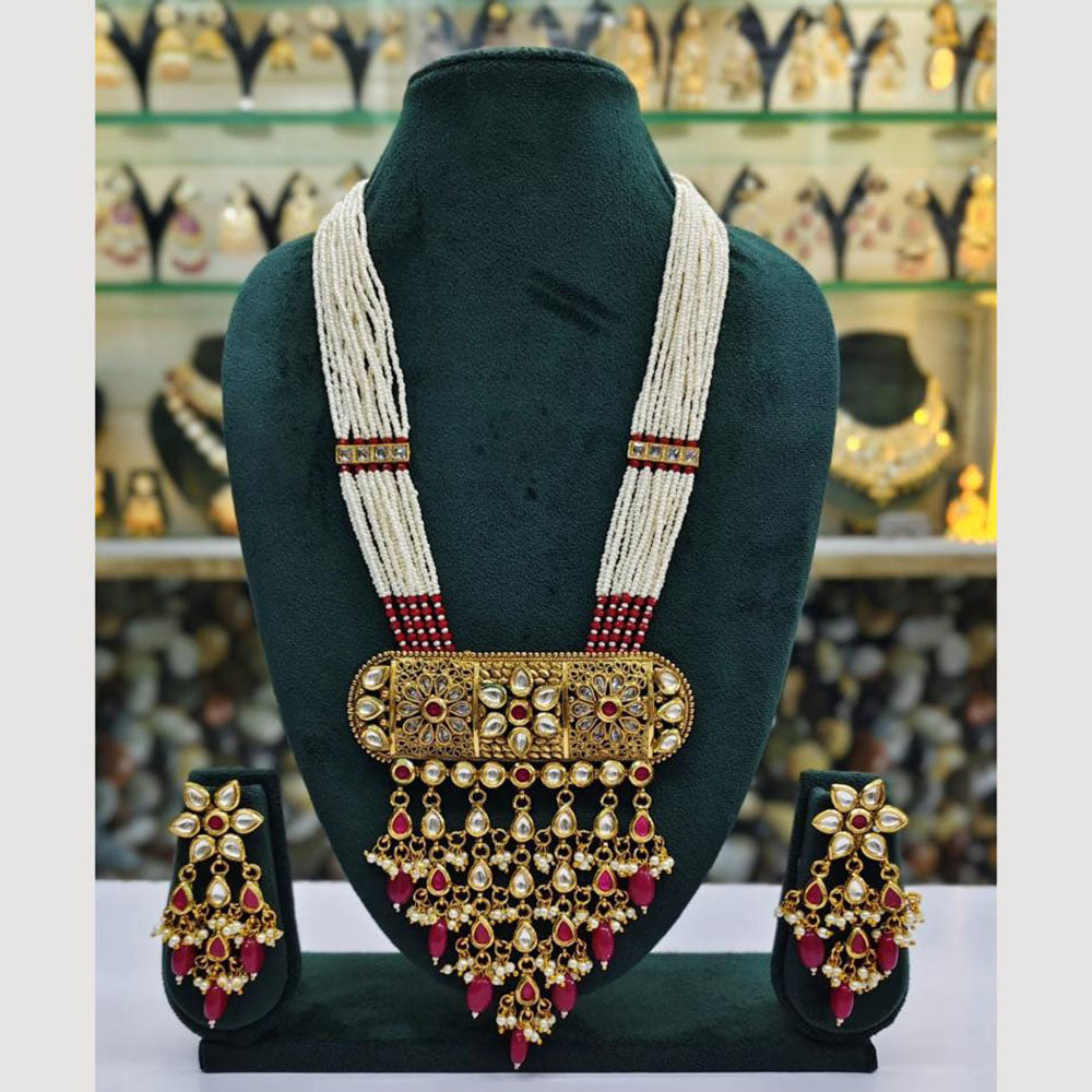 Rajwadi Collection Gold Plated Pota Stone And Pearl Long Necklace Set