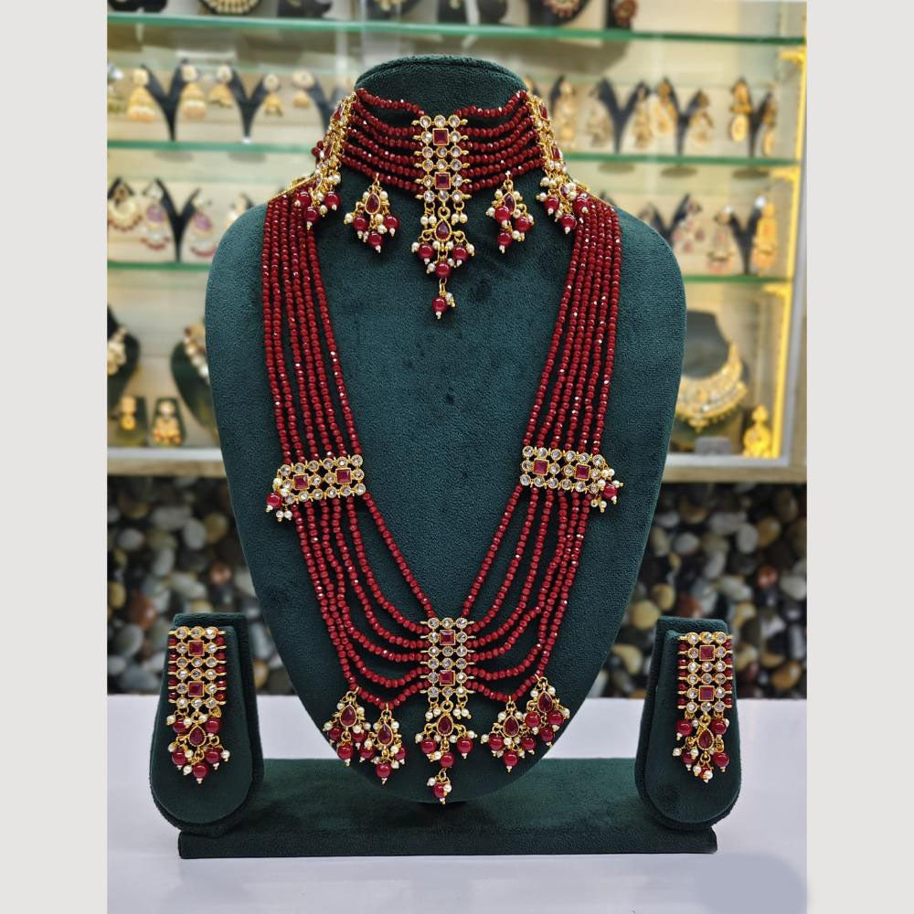 Rajwadi Collection Gold Plated Crystal Stone And Beads Double Necklace Set