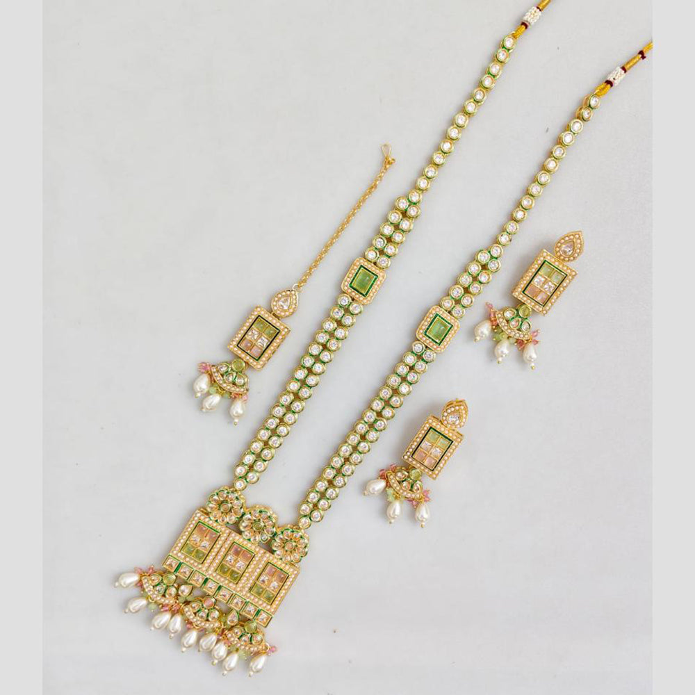 Rajwadi Collection Gold Plated Pota Stone And Pearl Long Necklace Set
