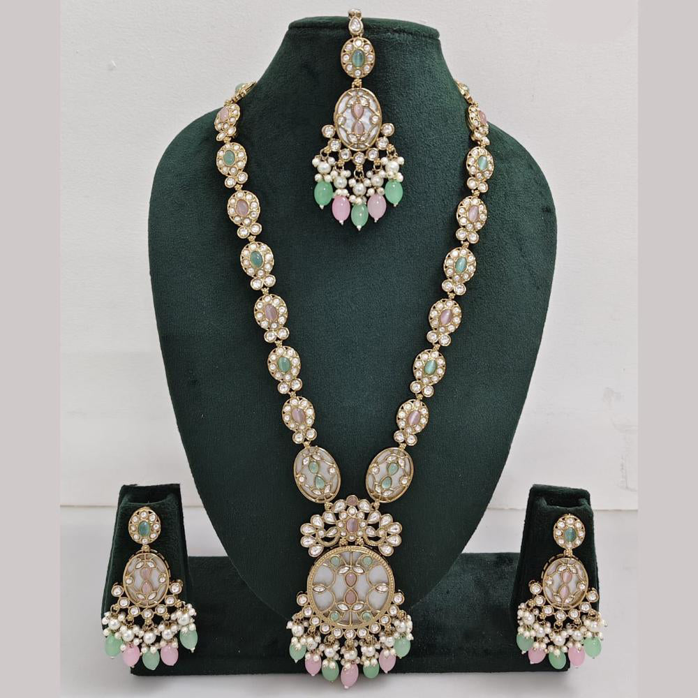 Rajwadi Collection Gold Plated Polki Kundan Pearl And Beads Long Necklace Set