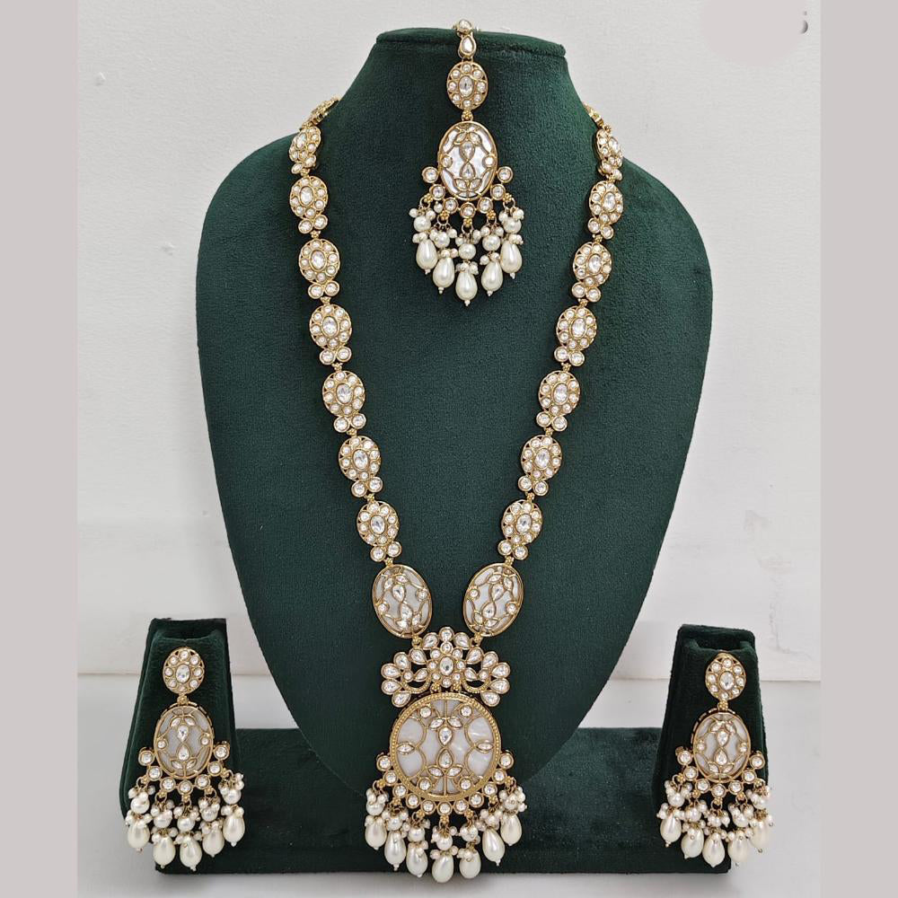 Rajwadi Collection Gold Plated Polki Kundan Pearl And Beads Long Necklace Set