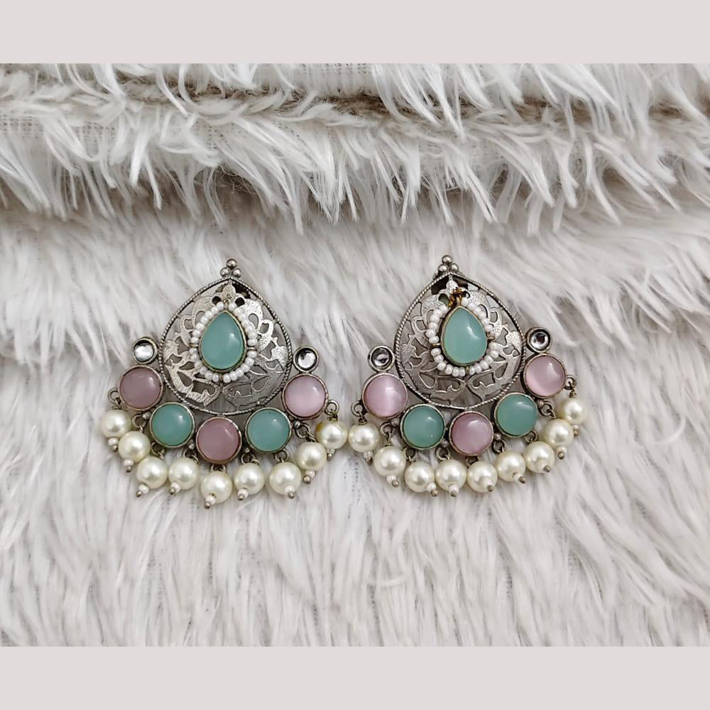Rajwadi Collection Boho Oxidised Plated Pota Stone Detailing Dangler Earrings