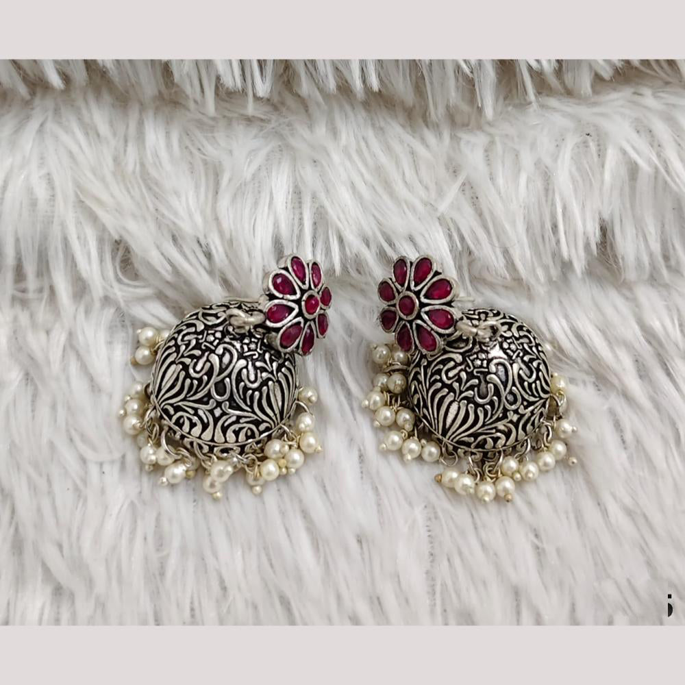 Rajwadi Collection Boho Stylish Oxidised Plated Pota Stone And Pearl Jhumki Earrings
