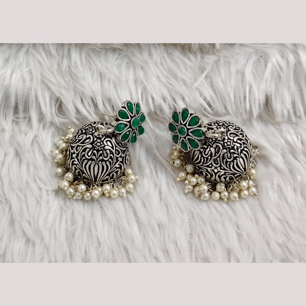 Rajwadi Collection Boho Stylish Oxidised Plated Pota Stone And Pearl Jhumki Earrings