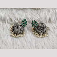 Rajwadi Collection Boho Stylish Oxidised Plated Pota Stone And Pearl Jhumki Earrings
