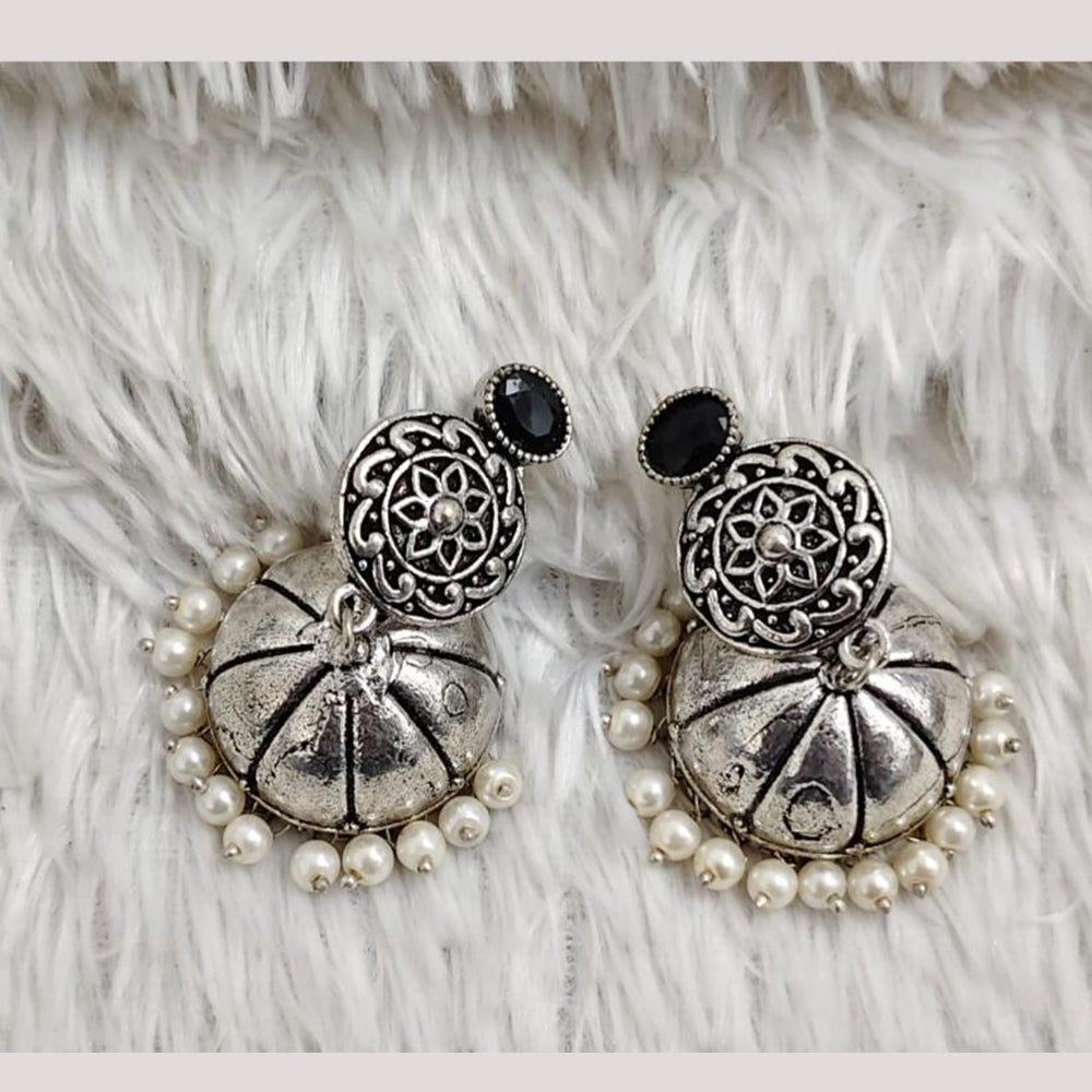 Rajwadi Collection Boho Stylish Oxidised Plated Pota Stone And Pearl Jhumki Earrings