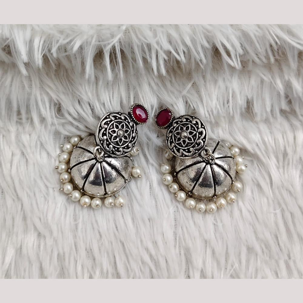 Rajwadi Collection Boho Stylish Oxidised Plated Pota Stone And Pearl Jhumki Earrings