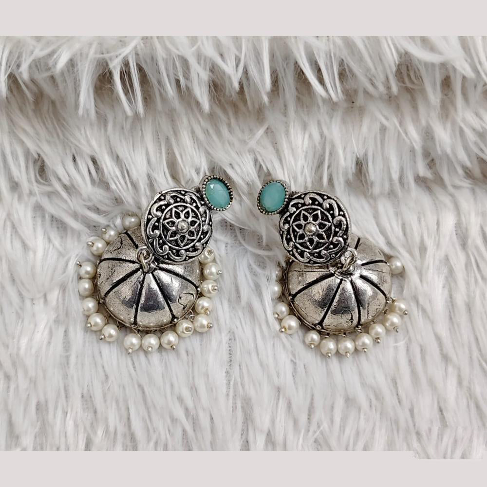 Rajwadi Collection Boho Stylish Oxidised Plated Pota Stone And Pearl Jhumki Earrings