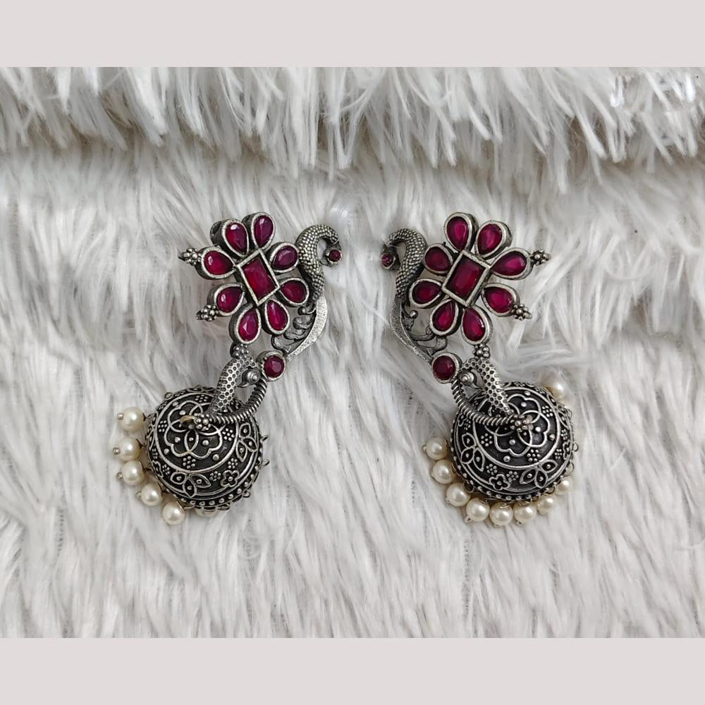 Rajwadi Collection Boho Stylish Oxidised Plated Pota Stone And Pearl Jhumki Earrings